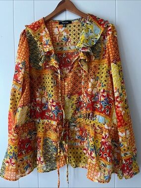 New Look Vibrant Floral Patchwork Ruffle Blouse in Yellow & Orange
